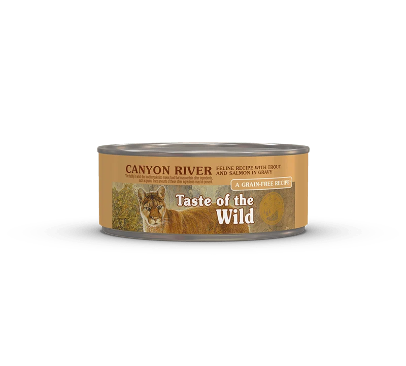 Lata de Taste of the Wild Canyon River trucha y salmón en salsa para gato